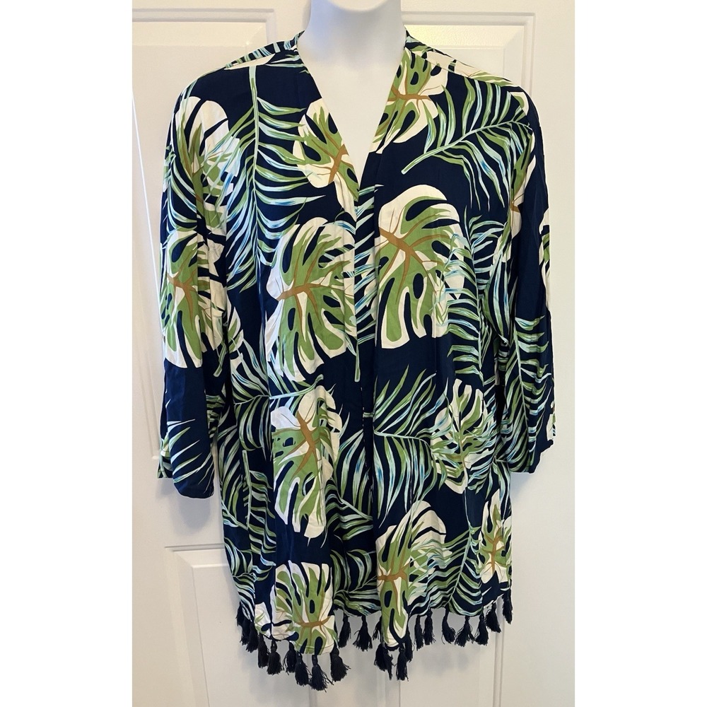 Anthony Richards Kimono Beach Cover Up One Size Navy Leafy Print Tassel Women’s